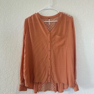 Free People Lace Back Detail Women's Orange Button-Up Top